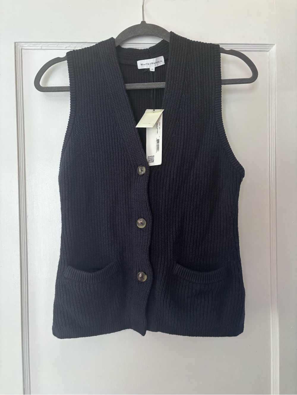 White + Warren Navy Ribbed Knit Button Vest